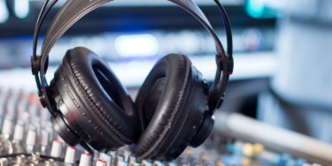 Professional sound recording studio: Headphones on a mixer desk