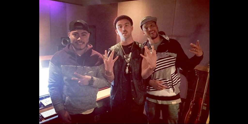 Recording Connection music production student Luis Garcia in studio with artist Son Real and mentor producer Rahki in 2016